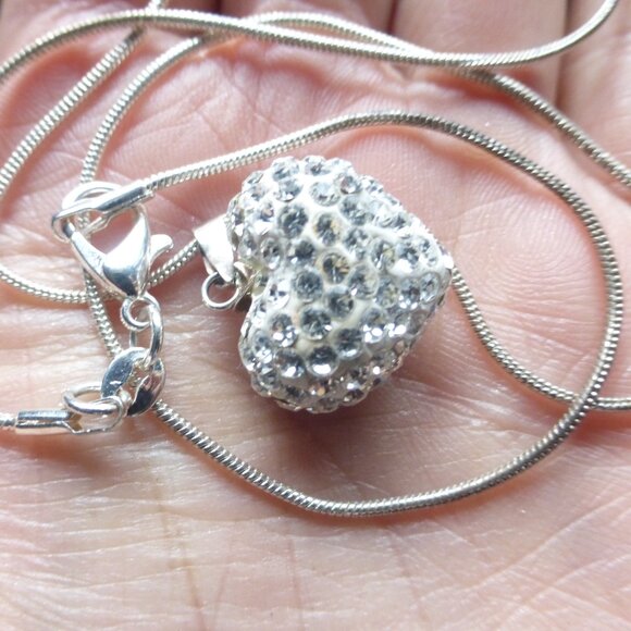 Sterling silver snake chain necklace w/ cubic zirconia rhinestones puffed heart - Picture 10 of 14